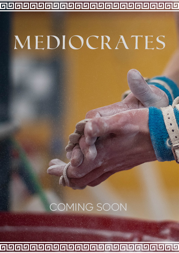 A film poster depicting a person's hands rubbing chalk on them. The title Mediocrates is superimposed above.